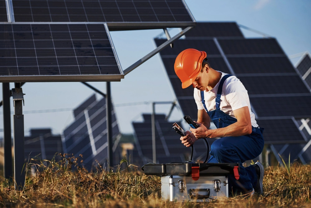 Solar Dallas Pro solar technician performing electrical testing and inspection on solar panel system at a Dallas TX solar site