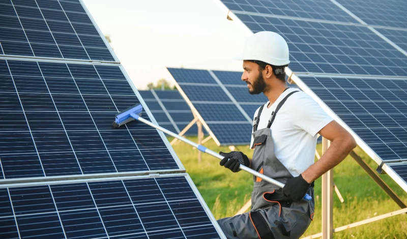 Solar Dallas Pro solar maintenance technician cleaning and servicing solar panels for peak performance in Dallas TX