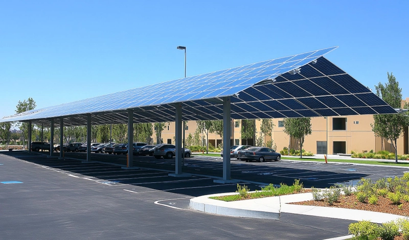 Solar Dallas Pro solar carport installation over commercial parking lot providing shaded parking and clean energy generation in Dallas TX